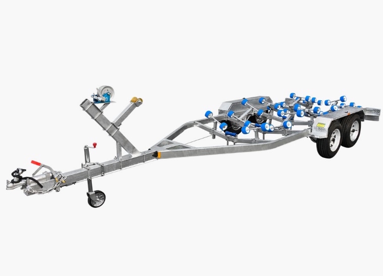 Boat trailer showing keel rollers and skids