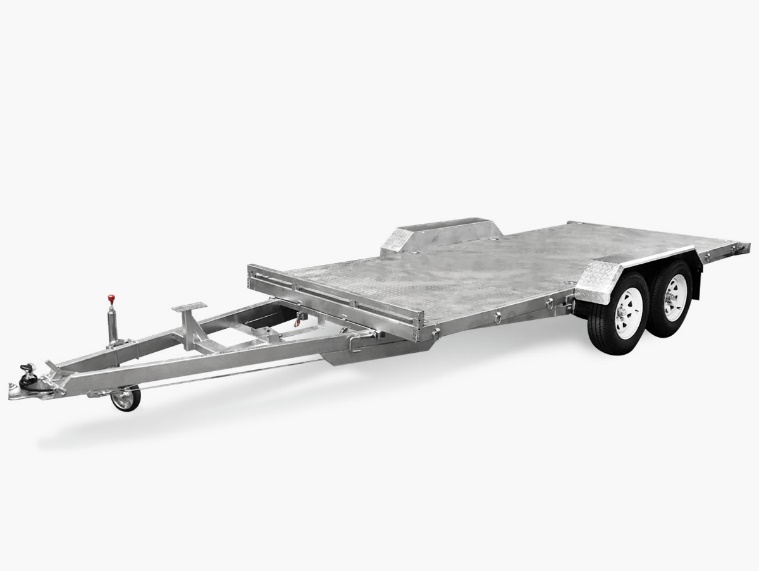 Tilting car trailer full view showing tandem axle, jockey wheel and flat deck