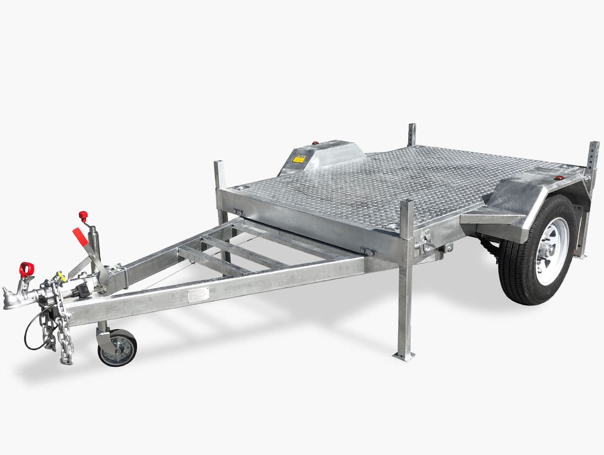 Small flat top trailer showing jockey wheel and drawbar