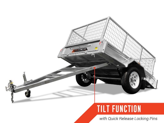 Box trailer tilt function with quick-release locking pins